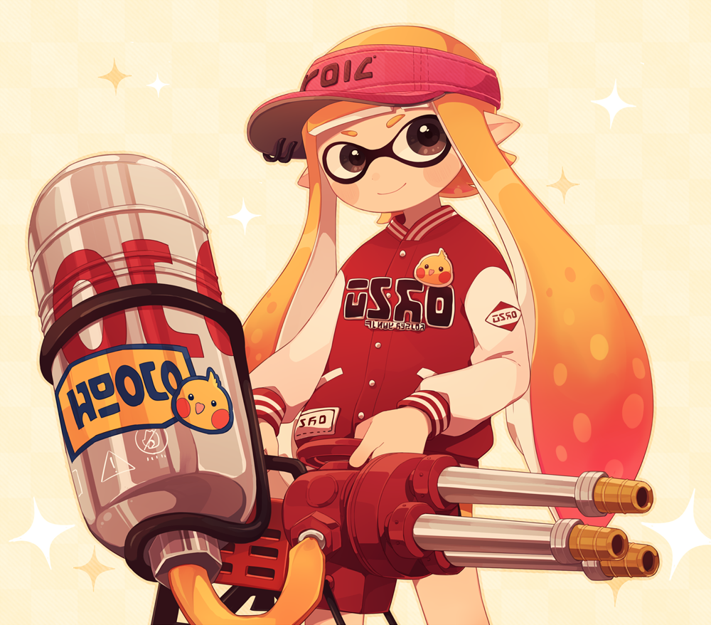 1girl blonde_hair blush_stickers brown_eyes closed_mouth clothes_writing commentary_request gradient_hair hat holding holding_weapon hydra_splatling_(splatoon) inkling inkling_(language) inkling_girl inkling_player_character jacket letterman_jacket long_hair long_sleeves ma-to multicolored_hair nintendo pink_hair pink_hat pointy_ears red_jacket smile solo splatoon_(series) striped_background tentacle_hair twintails two-tone_hair visor_cap weapon white_sleeves yellow_background