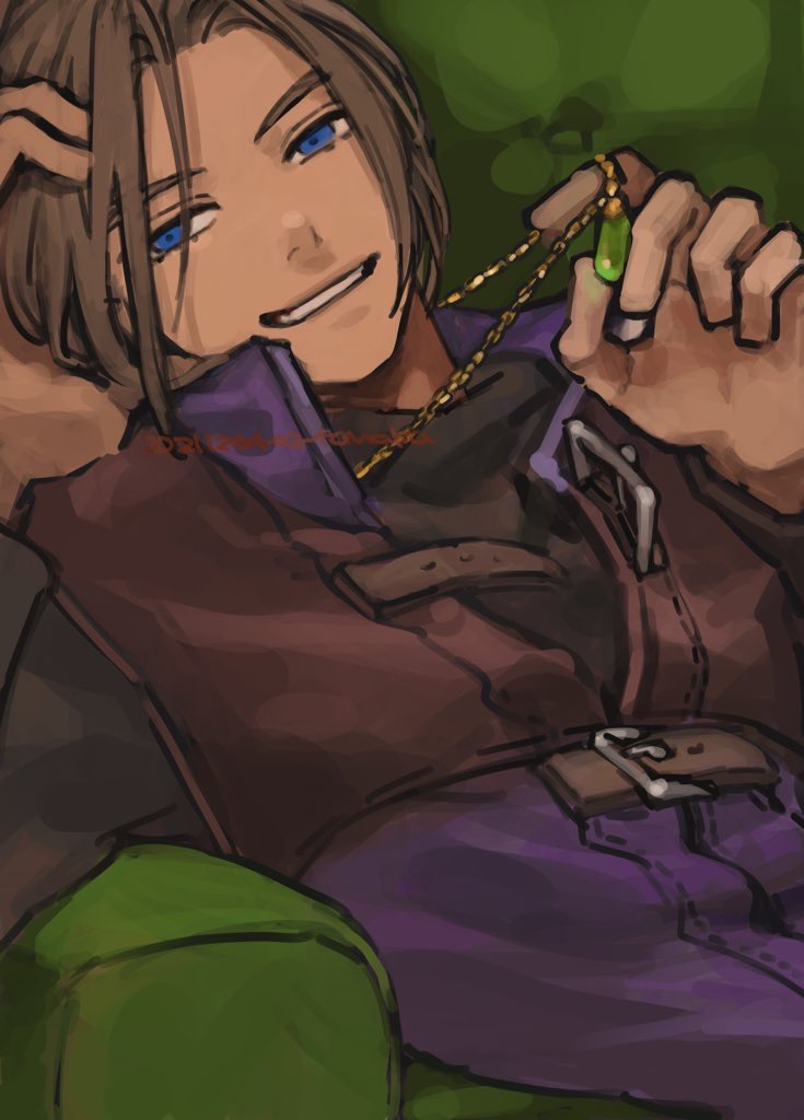 1boy black_shirt blue_eyes brown_hair brown_tunic commentary_request couch dragon_quest dragon_quest_xi gem green_gemstone grin hand_on_own_head hero_(dq11) hotaru1012 jewelry looking_at_viewer looking_to_the_side male_focus medium_hair necklace on_couch parted_hair purple_tunic reclining shirt smile solo tunic