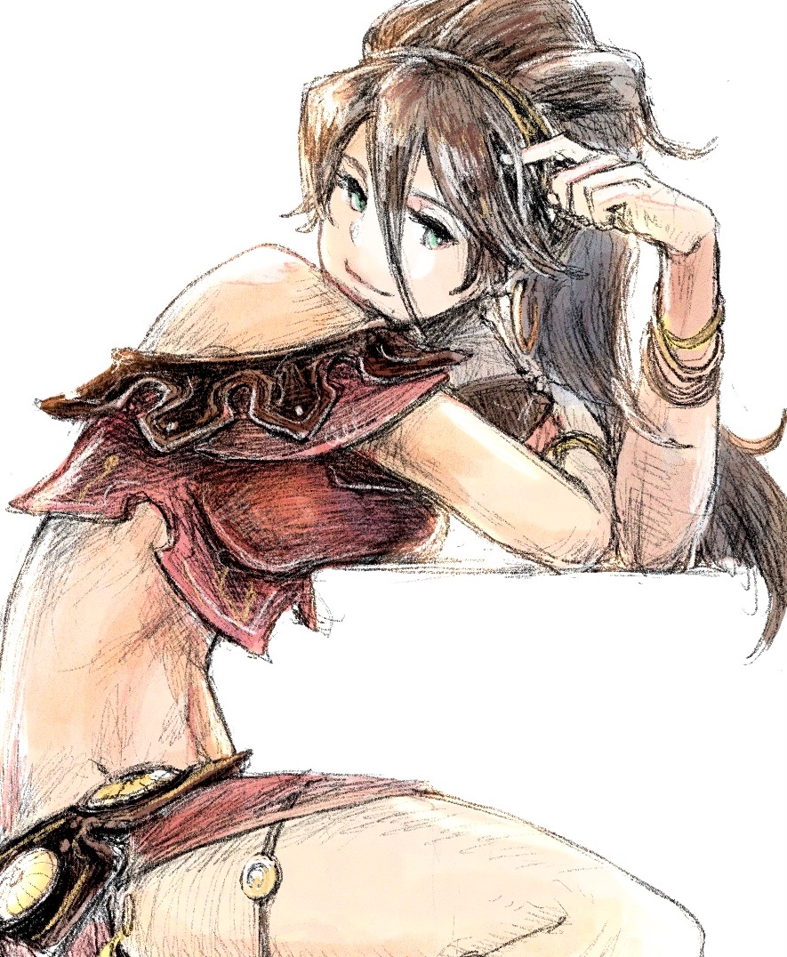 1girl arm_rest bracelet breasts brown_hair closed_mouth commentary_request green_eyes hair_between_eyes jewelry large_breasts long_hair octopath_traveler octopath_traveler_i primrose_azelhart qqqqqli simple_background smile solo thighs white_background