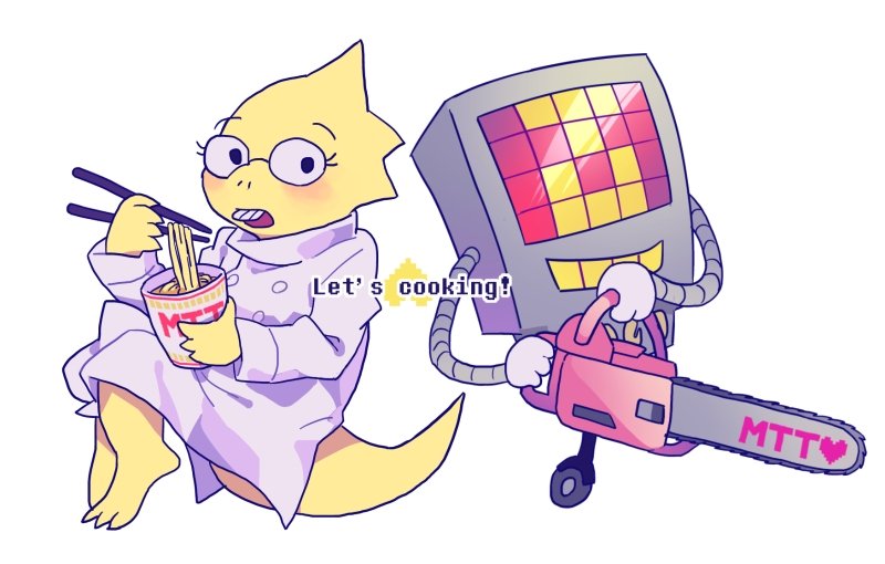 1boy 1girl alphys beryllium_game chainsaw chopsticks coat commentary_request cup cup_ramen english_text glasses heart holding holding_chainsaw holding_chopsticks holding_cup lab_coat lizard_tail mettaton open_mouth reptile_girl robot tail undertale white_background white_coat