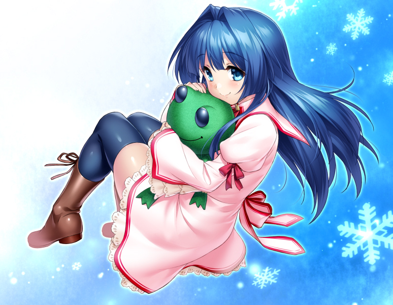 1girl alternate_costume back_bow black_background black_thighhighs blue_eyes blue_hair blush boots bow brown_boots closed_mouth commentary commission company_connection crown dress eyelashes floating_hair frilled_dress frilled_sleeves frills from_side full_body hair_between_eyes hair_intakes happy holding holding_stuffed_toy juliet_sleeves kanon kazamatsuri_institute_high_school_uniform keropii key_(company) knees_up long_hair long_sleeves looking_at_viewer minase_nayuki mini_crown pink_bow pink_dress puffy_sleeves red_bow school_uniform short_dress simple_background sitting skeb_commission smile snowflakes solo straight_hair stuffed_toy thighhighs two-tone_background white_background wide_sleeves zen_(kamuro) zettai_ryouiki