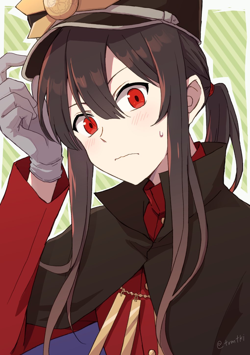 1boy adjusting_clothes adjusting_headwear arm_up black_cloak black_hat blush border brown_hair center-flap_bangs cloak closed_mouth collared_cloak crest family_crest fate/grand_order fate_(series) gloves green_background grey_gloves hair_between_eyes hat head_tilt highres jacket kepi long_hair long_sleeves looking_at_viewer male_focus military_hat military_jacket military_uniform oda_nobukatsu_(fate) oda_uri outline outside_border ponytail popped_collar portrait purple_cloak red_eyes red_jacket sidelocks striped_background sweatdrop teramoto_kei twitter_username two-sided_cloak two-sided_fabric v-shaped_eyebrows wavy_mouth white_border white_outline wide-eyed