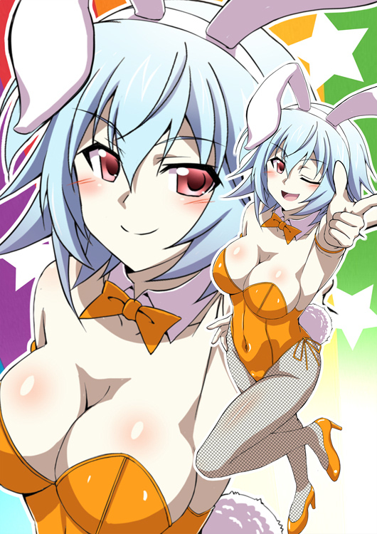 1girl animal_ears blue_hair bow bowtie breasts cleavage commentary_request covered_navel detached_collar fake_animal_ears fishnet_pantyhose fishnets foreshortening high_heels infinite_stratos kuroda_ariake large_breasts leotard looking_at_viewer multiple_views one_eye_closed orange_bow orange_bowtie orange_leotard orange_shoes pantyhose playboy_bunny pointing rabbit_ears rabbit_tail red_eyes sarashiki_tatenashi shoes short_hair side-tie_leotard standing standing_on_one_leg strapless strapless_leotard tail wrist_cuffs zoom_layer