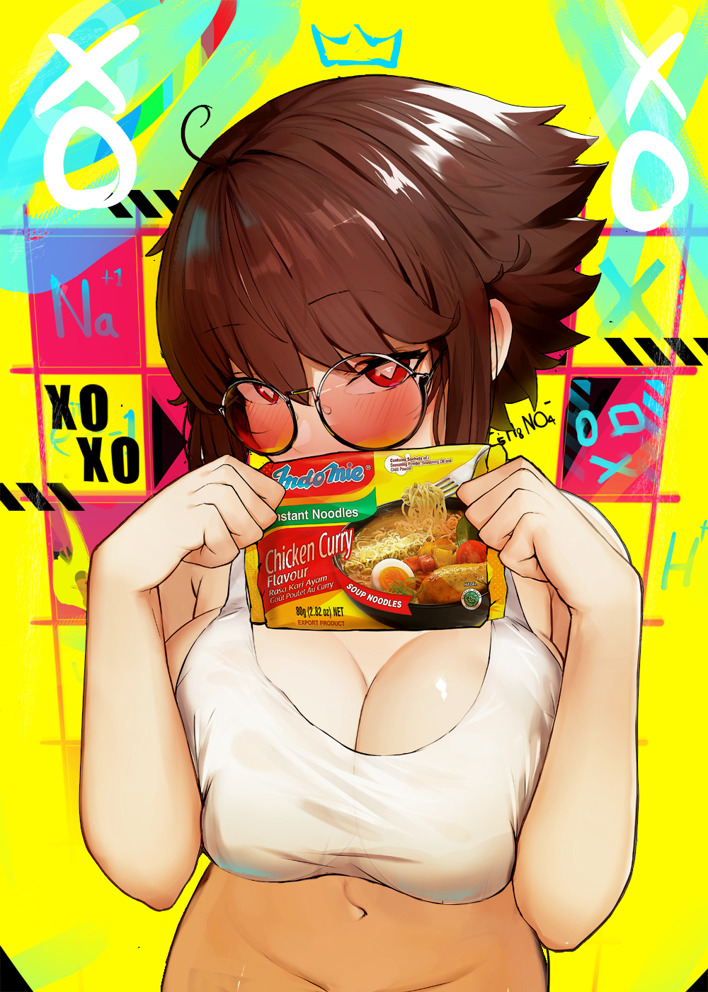 1girl ahoge blush bottomless breasts breasts_squeezed_together brown_hair cleavage covered_mouth food highres holding instant_ramen liz_(nin_fake) looking_at_viewer navel nin_fake original out-of-frame_censoring pack_noodles red-tinted_eyewear red_eyes round_eyewear short_hair solo sports_bra symbol-shaped_pupils tinted_eyewear upper_body white_sports_bra yellow_background