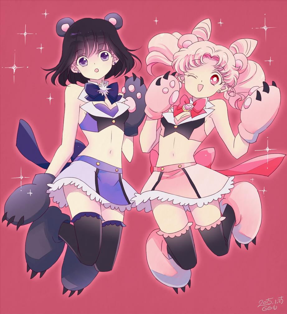 1990s_(style) 2girls :o ;d animal_costume animal_ears animal_hands artist_name bad_id bad_pixiv_id bare_shoulders bear_claws bear_costume bear_ears bear_paws bishoujo_senshi_sailor_moon bishoujo_senshi_sailor_moon_s black_hair black_legwear blunt_bangs bow breasts brooch chibi_usa cleavage cone_hair_bun cosplay creator_connection crossover dated double_bun earrings frilled_skirt frills gradient_background hair_bun heart heart_brooch jewelry looking_at_viewer midriff multiple_girls navel one_eye_closed open_mouth paw_shoes pink_hair purple_eyes purple_skirt red_eyes retro_artstyle ribbon saki_(hxaxcxk) short_hair signature skirt small_breasts smile star_brooch thighhighs tomoe_hotaru twintails yuri_kuma_arashi yurigasaki_lulu yurigasaki_lulu_(cosplay) yurishiro_ginko yurishiro_ginko_(cosplay) zettai_ryouiki