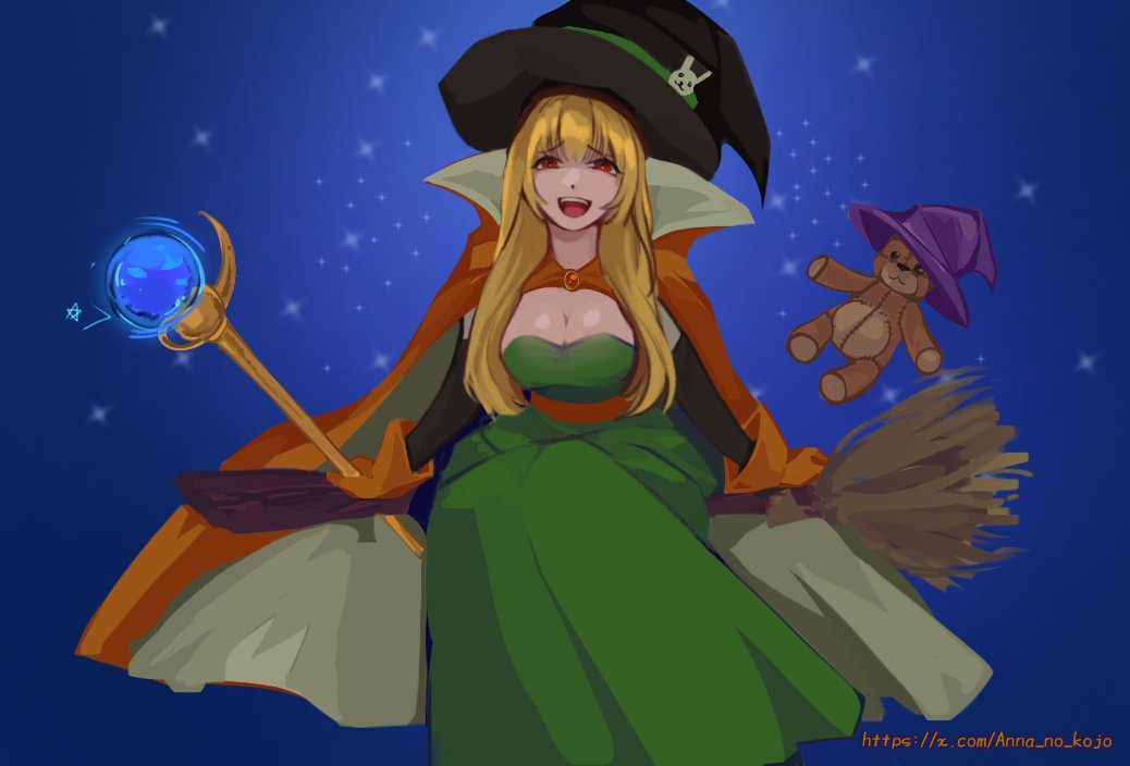 1girl anna_no_kojo black_alice_(mon-musu_quest!) blonde_hair blue_background breasts broom broom_riding cape cleavage dress gem gloves green_dress hair_ornament hat holding holding_staff large_breasts long_dress long_hair looking_at_viewer mini_hat mini_witch_hat mon-musu_quest! mon-musu_quest:_paradox monster_girl official_alternate_costume open_mouth orange_cape orange_gloves rabbit_hair_ornament red_eyes smile solo staff star_(symbol) stuffed_animal stuffed_toy teddy_bear teeth twitter_username upper_teeth_only witch witch_hat