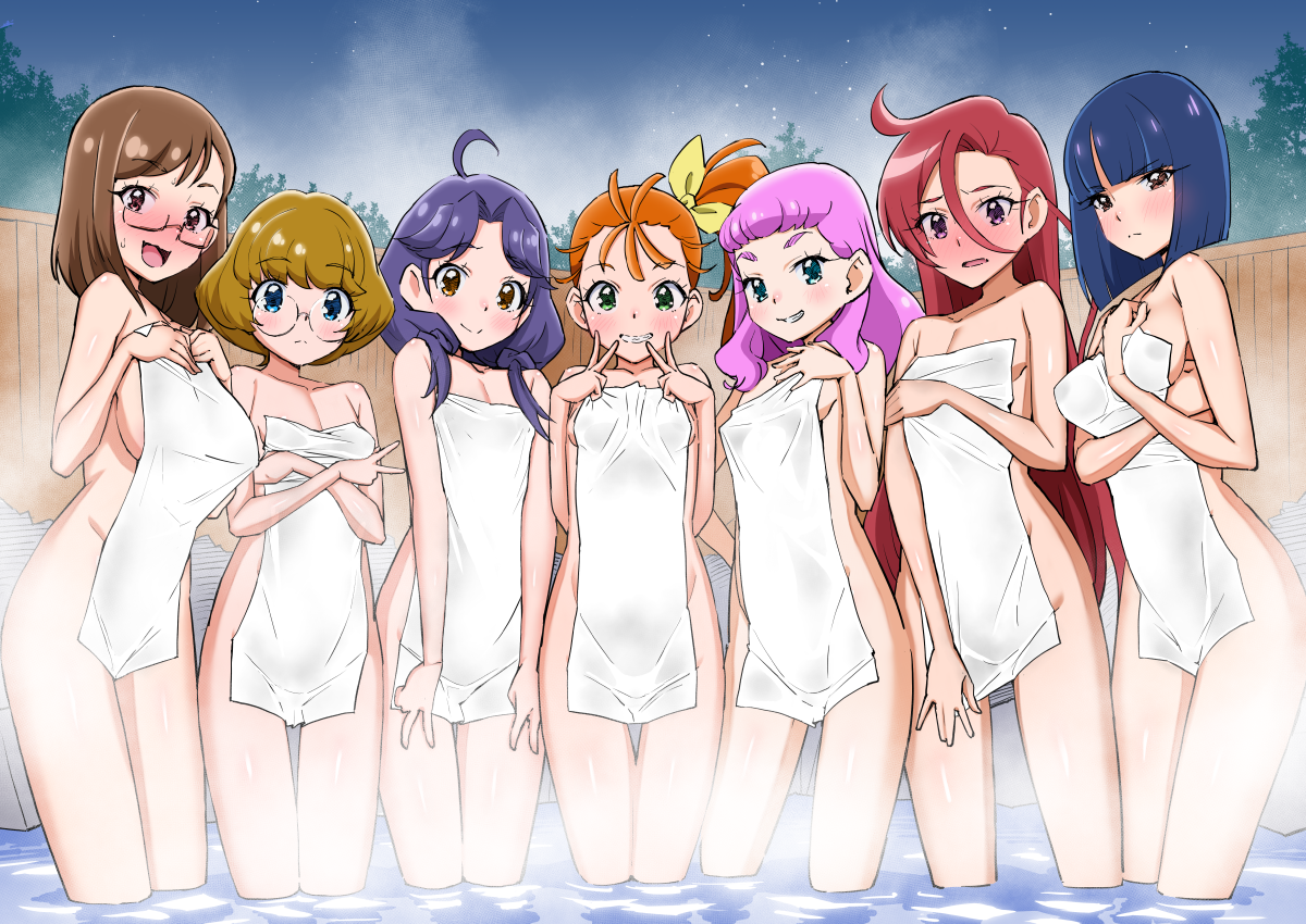 6+girls ahoge asortofcolorfag breasts cleft_of_venus colorized completely_nude female_pubic_hair flat_chest hair_ornament ichinose_minori large_breasts laura_(precure) laura_la_mer long_hair looking_at_viewer medium_breasts miyagoe_yoshitsuki monochrome multiple_girls natsuumi_manatsu navel nipples nude onsen open_mouth outdoors pink_hair precure pubic_hair pussy sakuragawa_saki shiratori_yuriko short_hair side_ponytail small_breasts smile steam suzumura_sango takizawa_asuka tropical-rouge!_precure water