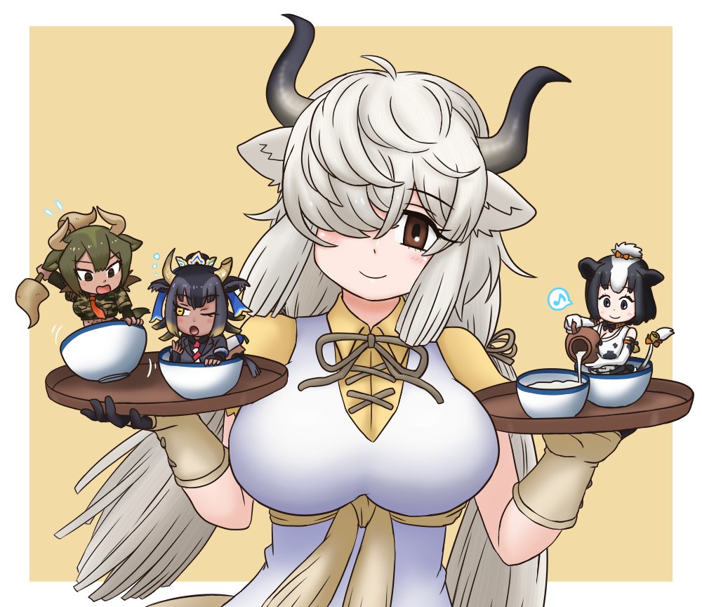 4girls adansosutega animal_ears animal_print aurochs_(kemono_friends) bell black_hair black_necktie blonde_hair bottle bow brown_eyes camouflage camouflage_shirt collared_shirt cow_ears cow_girl cow_print cow_tail crown cup dress elbow_gloves fingerless_gloves gloves goshingyu-sama_(kemono_friends) green_hair hair_between_eyes hair_bun holstein_friesian_cattle_(kemono_friends) in_container in_cup kemono_friends long_hair long_sleeves looking_at_viewer milk milk_bottle mini_person minigirl multicolored_hair multiple_girls musical_note neckerchief necktie one_eye_closed ox_ears ox_girl ox_horns print_gloves print_shirt red_necktie shirt short_hair short_sleeves sidelocks smile spoken_musical_note tail tail_bell tail_bow tail_ornament tray twintails two-tone_hair two-tone_necktie weapon white_dress white_hair white_neckerchief yak_(kemono_friends) yellow_eyes yellow_shirt