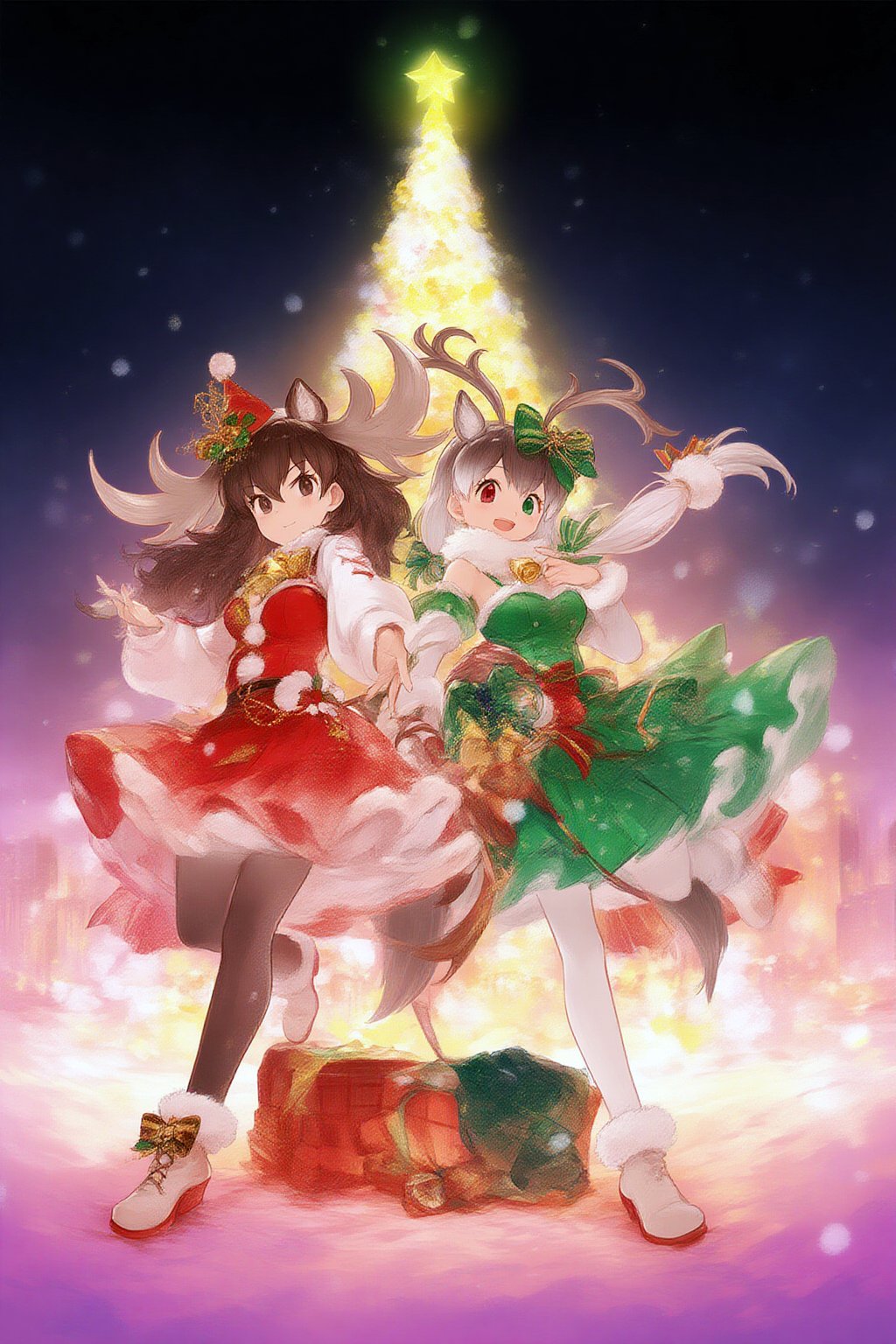 1girl 2girls :d animal_ears antlers bell boots bow breasts brown_eyes brown_hair christmas christmas_tree deer_ears detached_sleeves dress extra_ears fur_collar fur_trim gift gloves green_bow green_dress green_eyes grey_hair hair_ornament hat heterochromia highres horns kemono_friends long_hair long_sleeves looking_at_viewer moose_(kemono_friends) multiple_girls open_mouth pantyhose red_dress red_eyes red_footwear reindeer_(kemono_friends) reindeer_antlers ribbon santa_costume scarf shizuneyuki shoes skirt smile snow standing standing_on_one_leg tail white_hair