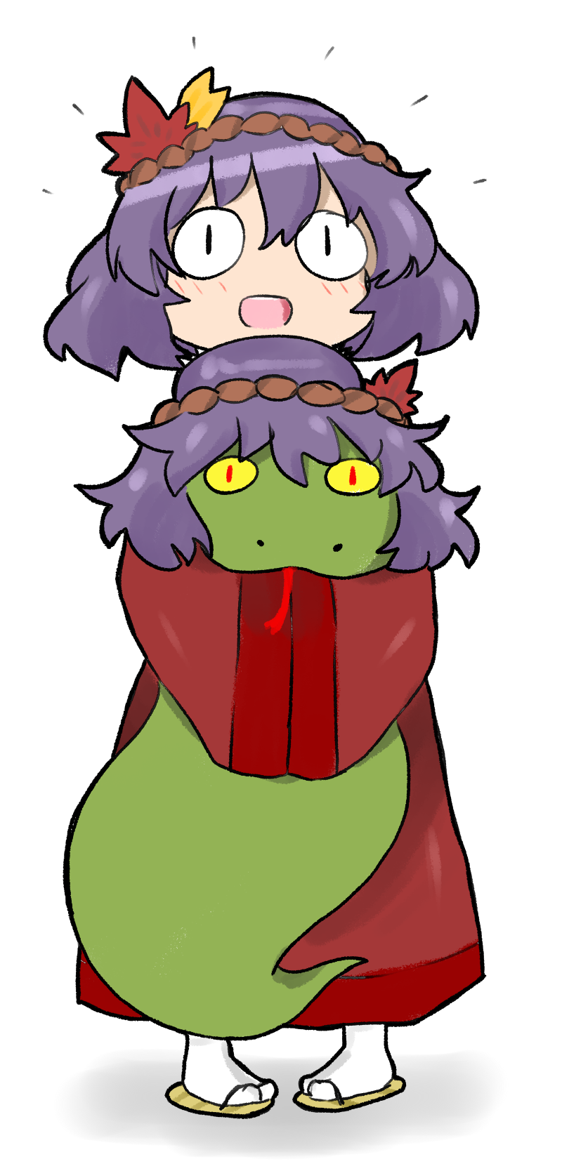 1girl alternate_costume animal autumn_leaves blush drawfag female_focus full_body highres holding holding_animal japanese_clothes kimono leaf looking_at_viewer obi open_mouth pigeon-toed purple_hair rope sash shimenawa short_hair simple_background sketch smile snake-eyed_kanako socks solo standing tabi teeth tongue tongue_out touhou ume_(noraneko) white_background yasaka_kanako yasaka_kanako_(snake) yellow_eyes