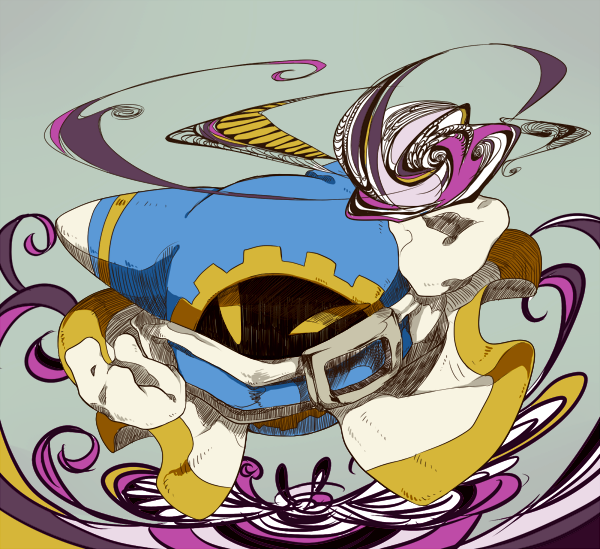 blue_hood casting_spell commentary_request floating full_body kie_(jhonny-j) kirby_(series) magic magolor mittens nintendo no_humans rayman_limbs shaded_face simple_background white_mittens yellow_eyes