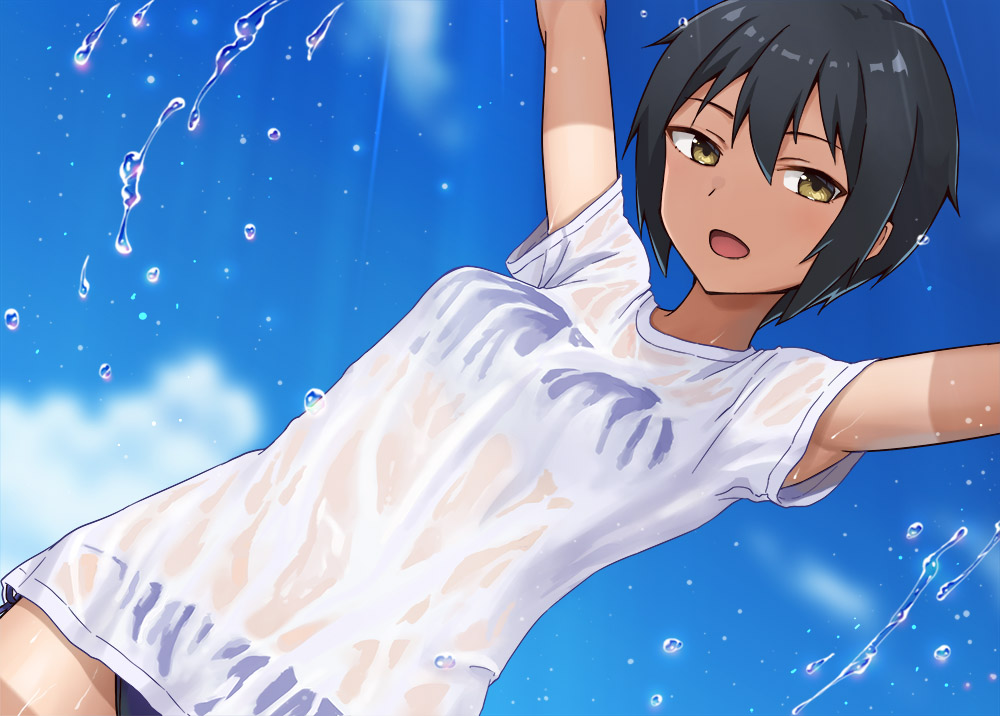 1girl arms_up bikini bikini_under_clothes black_hair blue_bikini day hashi no_pants open_mouth original outdoors see-through_clothes see-through_shirt shirt short_hair sky solo standing swimsuit tan tanline tomboy water water_drop wet wet_clothes wet_shirt white_shirt yellow_eyes