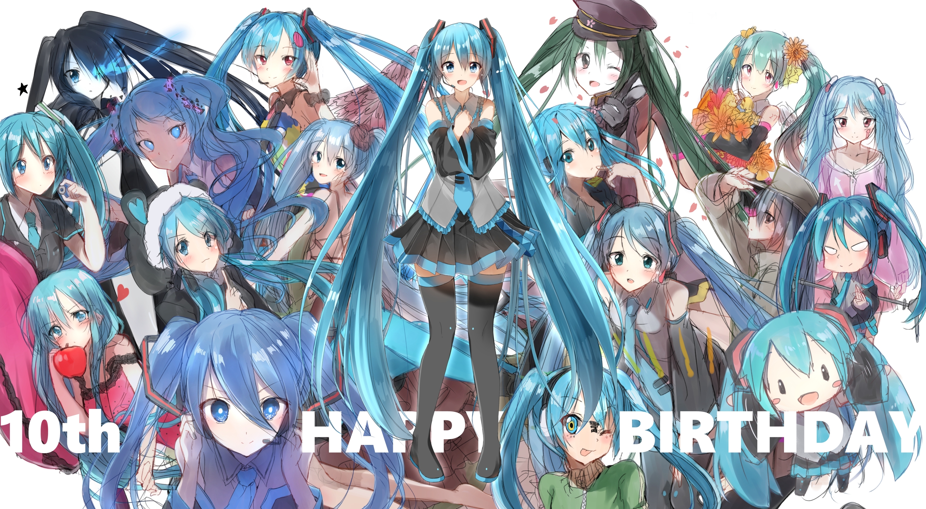 6+girls alternate_costume alternate_hairstyle aqua_eyes aqua_hair black_rock_shooter black_rock_shooter_(character) black_rock_shooter_(cosplay) blush boots cosplay detached_sleeves hatsune_miku hatsune_miku_(green_ponpoko) hatsune_miku_(siren) highres kochira_koufuku_anshin_iinkai_desu_(vocaloid) long_hair multiple_girls multiple_persona multiple_views necktie open_mouth pentagon_(railgun_ky1206) simple_background skirt smile thigh_boots thighhighs twintails variations very_long_hair vocaloid white_background
