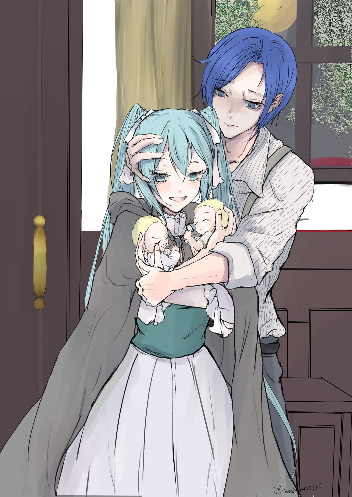 2boys 2girls adam_moonlit aqua_eyes aqua_hair baby blonde_hair blue_eyes blue_hair brown_cape brown_cloak cape carrying carrying_baby carrying_person cloak collar collarbone collared_shirt delusional door dress empty_eyes eve_moonlit evillious_nendaiki frilled_collar frilled_sleeves frills green_dress gretel_(evillious_nendaiki) grey_pants hansel_(evillious_nendaiki) hatsune_miku highres hood hooded_cape hooded_cloak husband_and_wife indoors long_hair miku_day moonlit_bear_(vocaloid) multiple_boys multiple_girls open_clothes open_shirt pants shirt smile striped_clothes striped_shirt suspenders toukamisaki0315 twintails vertical-striped_clothes vertical-striped_shirt very_long_hair vocaloid white_dress white_shirt window worried yellow_curtain
