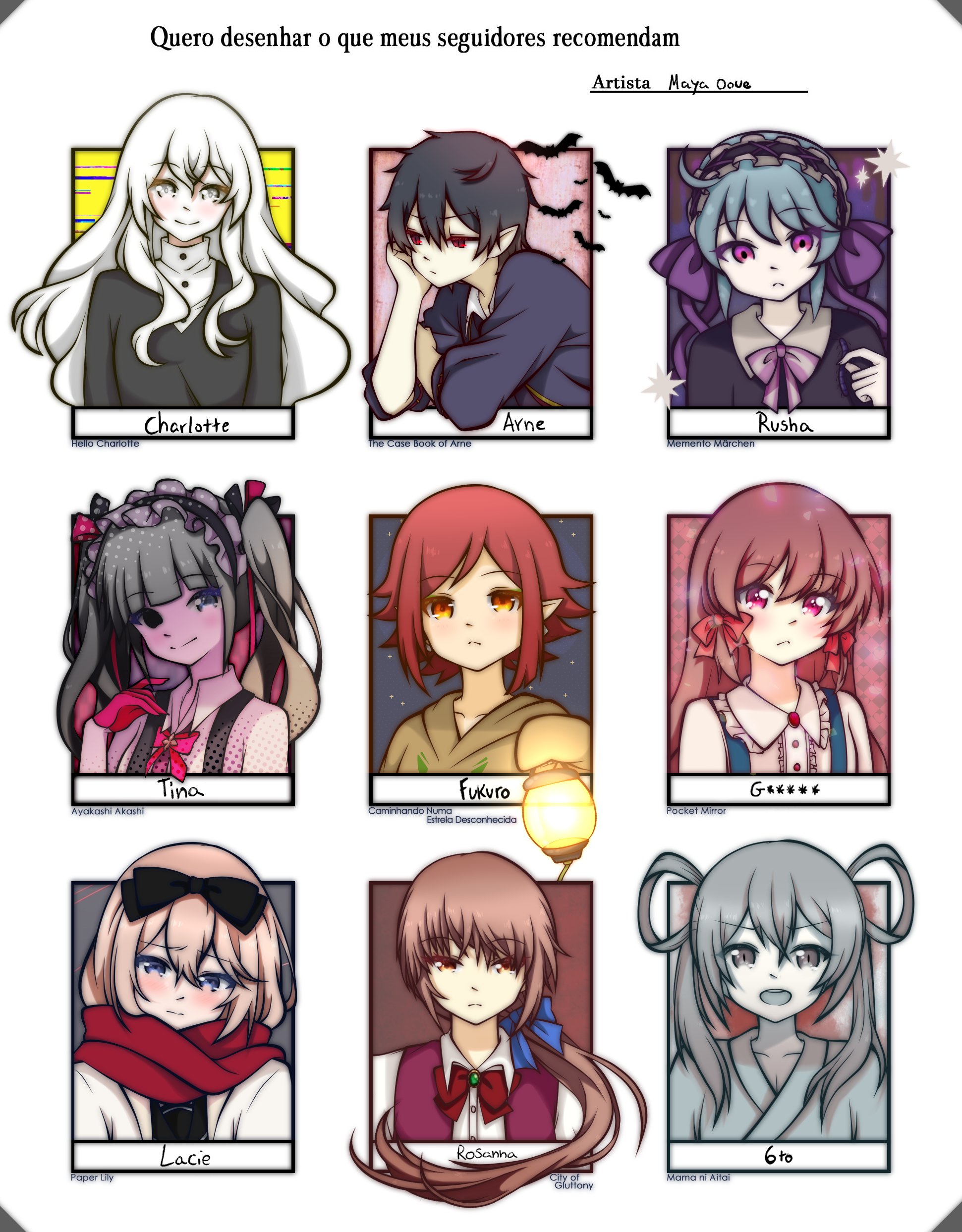 2boys 6+girls absurdres arne_neuntote arne_no_jikenbo ayakashi_akashi black_hair blonde_hair blue_eyes blue_hair boushoku_no_machi bow brooch brown_eyes brown_hair bug charlotte_wiltshire colored_skin followers_favorite_challenge fukuro_(woasu) glitch gloves goldia_die_heilige grey_eyes grey_hair headband hello_charlotte highres jewelry lacie_(paper_lily) lantern long_hair looking_at_viewer low_ponytail mama_ni_aitai maya_ooue memento_marchen multiple_boys multiple_drawing_challenge multiple_girls open_mouth orange_eyes paper_lily pink_eyes pink_gloves pocket_mirror pointy_ears ponytail purple_eyes red_eyes red_hair red_scarf ribbon rokubanme rosanna_alreid rusha_(memento_marchen) scarf short_hair teeth tina_etupirka twintails upper_teeth_only walking_on_a_star_unknown white_eyes white_hair white_skin