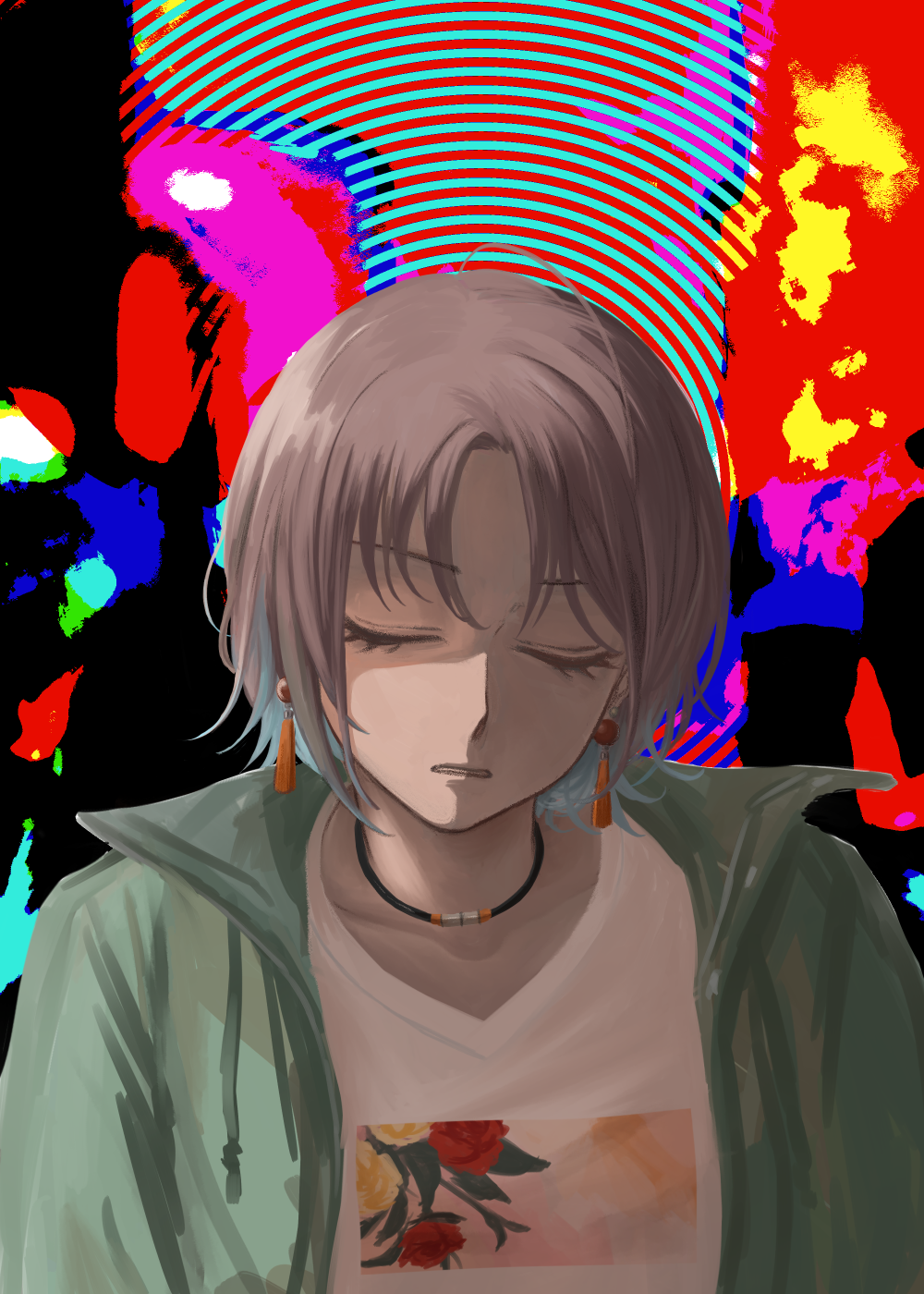 1girl abstract_background asakura_toru blue_hair brown_hair closed_eyes colored_tips colorful_background earrings facing_viewer floral_print frown green_jacket grimace highres idolmaster idolmaster_shiny_colors jacket jewelry multicolored_hair necklace open_clothes open_jacket print_shirt shirt solo spiral_background tassel tassel_earrings white_shirt yamaichi_(yama3ichi4)