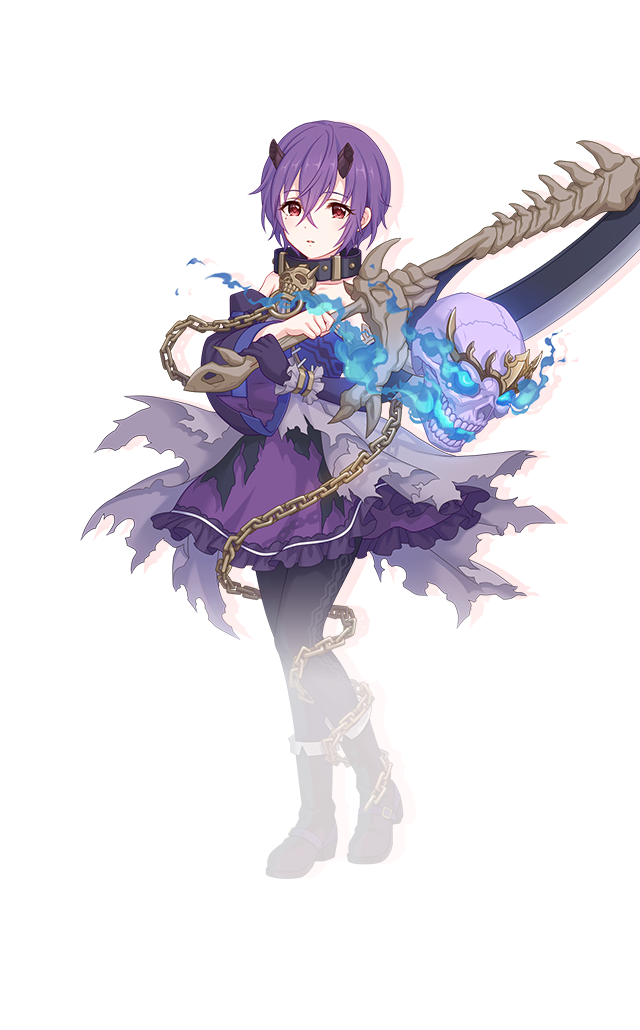 1girl animal_collar bare_shoulders black_horns black_pantyhose chain collar crossed_bangs demon_girl demon_horns detached_sleeves dress drop_shadow elbow_gloves father_and_daughter floating frilled_dress frills full_body gloves hair_between_eyes holding holding_weapon horns looking_at_viewer mole mole_under_eye official_art pantyhose princess_connect! purple_dress purple_gloves purple_hair purple_sleeves red_eyes shinobu_(princess_connect!) short_hair simple_background single_detached_sleeve single_elbow_glove skull skullfather_(princess_connect!) sleeveless sleeveless_dress solo standing tachi-e torn_clothes torn_dress transparent_background weapon