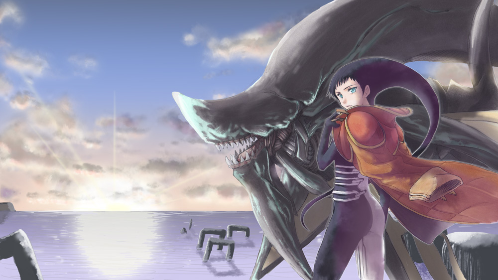 1girl atolm azel_(panzer_dragoon) cloud coat dragon ocean panzer_dragoon panzer_dragoon_saga sky teeth uzumaki_(skydirt)