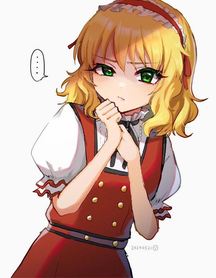 ... 1girl ayaca black_ribbon blonde_hair buttons clenched_hand closed_mouth commentary dated dress eyelashes flat_chest frilled_hairband frills green_eyes hair_between_eyes hairband hands_up idolmaster idolmaster_cinderella_girls idolmaster_cinderella_girls_u149 looking_at_viewer medium_hair puffy_short_sleeves puffy_sleeves red_dress red_hairband ribbon sakurai_momoka shirt short_sleeves sidelocks solo spoken_ellipsis upper_body wavy_hair white_background white_shirt