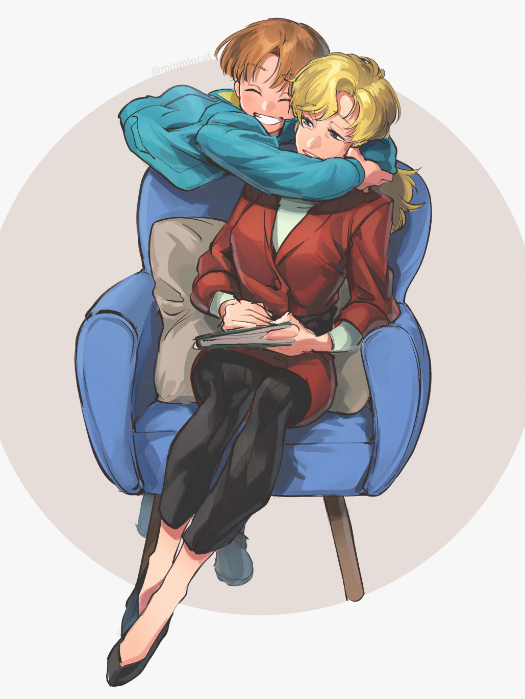 1boy 1girl black_footwear black_pants blonde_hair blue_eyes blue_jacket book brown_hair chanmura gundam half-closed_eyes highres holding holding_book hug hug_from_behind jacket mother_and_son myra_miggelle pants parted_bangs red_jacket sitting smile uso_ewin victory_gundam