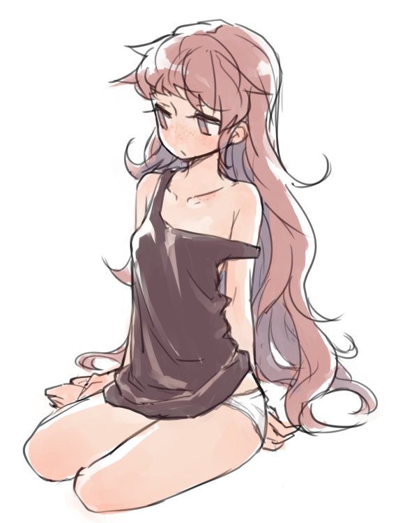 1girl arm_behind_back black_shirt blush brown_eyes brown_hair collarbone female_focus floating_hair full_body isuzu_(log_horizon) log_horizon long_hair looking_to_the_side mo_(deciliter) off_shoulder panties shirt simple_background sitting sketch sleeveless sleeveless_shirt solo underwear very_long_hair white_background white_panties
