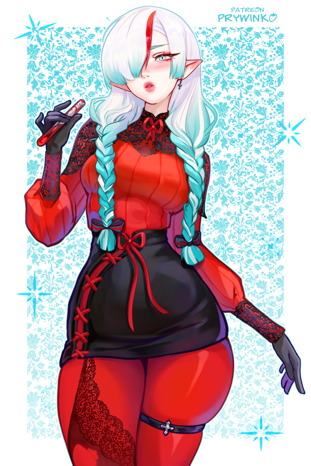 1girl alternate_costume alternate_hair_color alternate_hairstyle artist_name black_skirt blush bodysuit braid breasts commentary english_commentary hatsune_miku highres large_breasts lips long_hair looking_at_viewer pencil_skirt prywinko red_bodysuit skindentation skirt twin_braids twintails vocaloid