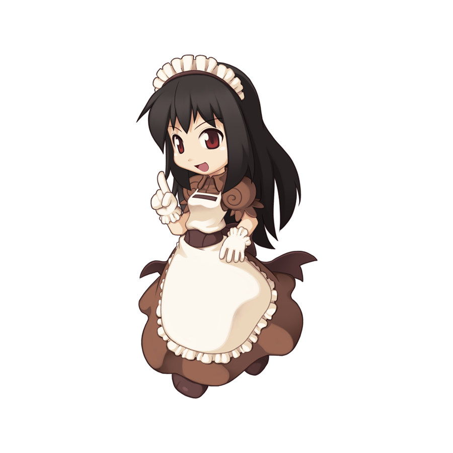 1girl :d apron black_hair brown_dress brown_shoes chibi chibi_only collared_dress dress frilled_apron frills full_body gloves index_finger_raised jasmine_(ragnarok_online) kafra_uniform long_hair looking_at_viewer maid maid_headdress official_art open_mouth puffy_short_sleeves puffy_sleeves ragnarok_online red_eyes shoes short_sleeves simple_background smile solo transparent_background v-shaped_eyebrows white_apron white_gloves yuichirou