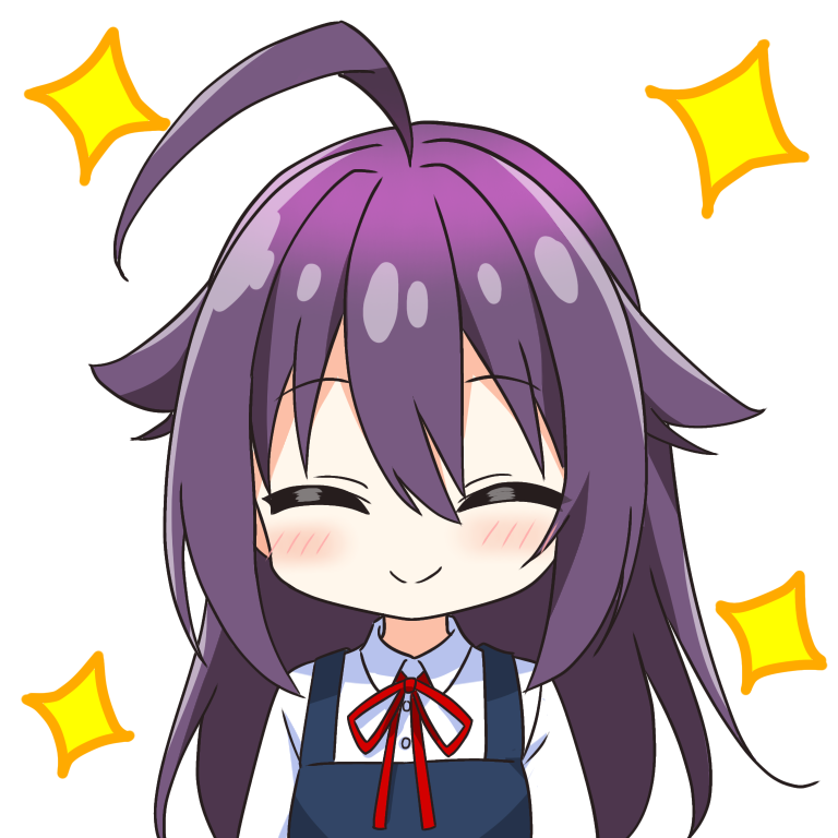 1girl ahoge chibi closed_eyes collared_shirt commentary_request facing_viewer hair_flaps koshi_anko_(shikanoko) kotatsu-mazoku long_hair neck_ribbon purple_hair ribbon school_uniform shikanoko_nokonoko_koshitantan shirt smile solo sparkle upper_body