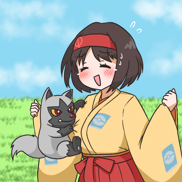 1girl black_hair blue_sky blush clinging closed_eyes cloud commentary creatures_(company) erika_(pokemon) flying_sweatdrops game_freak gen_3_pokemon grass hairband hakama japanese_clothes kimono nintendo open_mouth poke_ball_print pokemon pokemon_(creature) pokemon_frlg poochyena red_hairband red_hakama short_hair sky smile sweat watabukuro yellow_kimono
