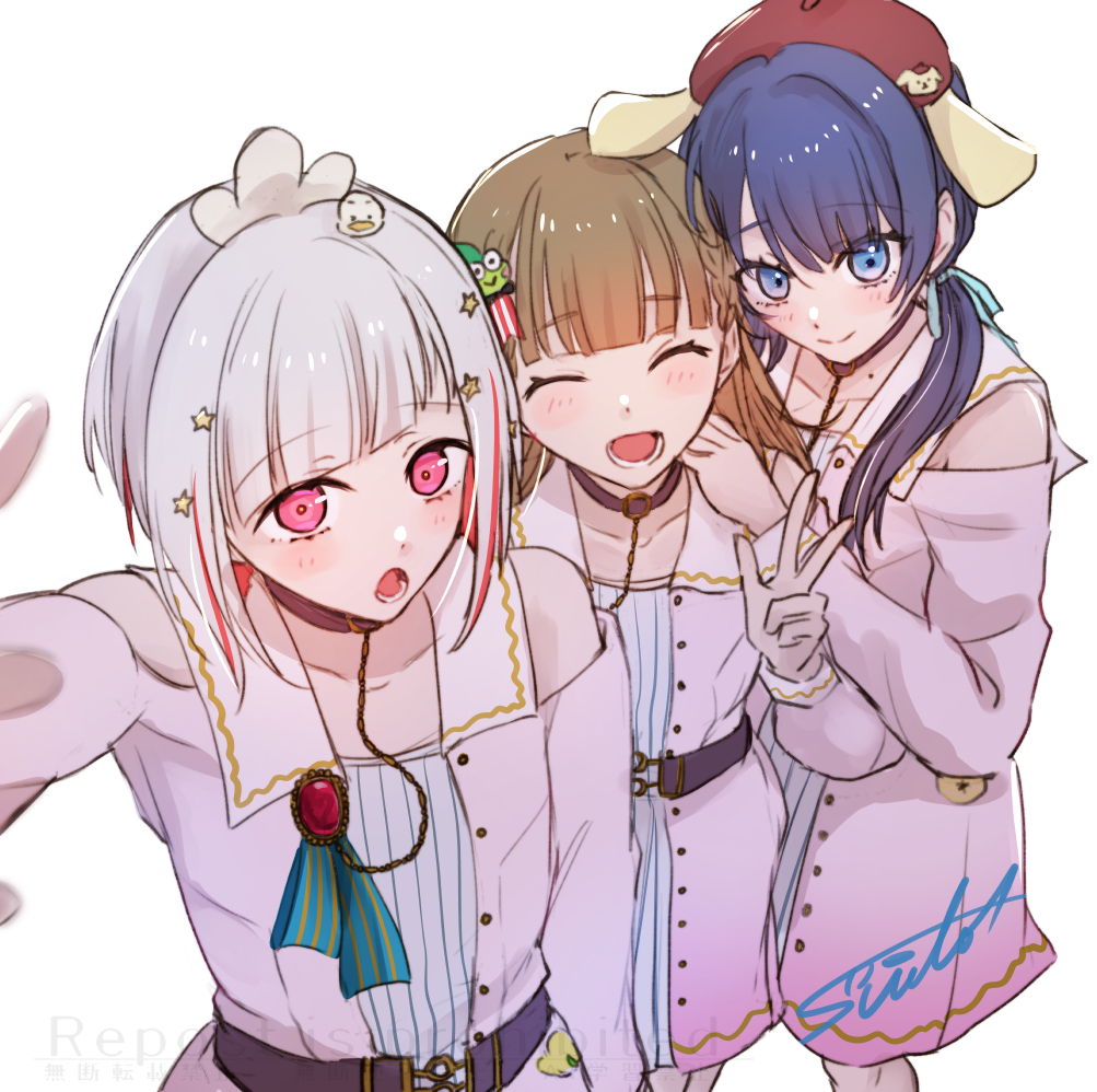 3girls :d :o ahiru_no_pekkle black_choker blue_eyes blue_hair blue_ribbon bob_cut braid brown_hair center-flap_bangs character_hair_ornament choker closed_mouth clothing_cutout collarbone colored_inner_hair commentary_request diagonal_bangs dollchestra dream_believers dress grey_hair hair_ornament hair_ribbon hasunoue_keroppi inverted_bob kachimachi_kosuzu kero_kero_keroppi layered_dress link!_like!_love_live! long_hair long_sleeves looking_at_viewer love_live! low_twintails mole mole_on_neck multicolored_hair multiple_girls murano_sayaka official_alternate_costume open_mouth pink_dress pink_eyes pompompurin red_hair ribbon sanrio short_hair shoulder_cutout side_braids signature simple_background smile split_mouth star_(symbol) star_hair_ornament straight_hair streaked_hair suito twintails virtual_youtuber white_background yugiri_tsuzuri