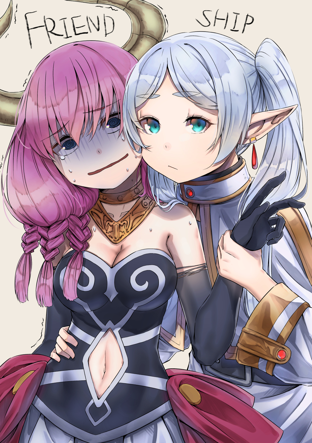 2girls :/ arm_around_waist aura_(sousou_no_frieren) aura_bullying_(meme) bare_shoulders black_corset black_gloves blue_eyes braid breasts capelet cheek-to-cheek cleavage clothing_cutout commentary corset cowboy_shot crying crying_with_eyes_open demon_girl demon_horns earrings elbow_gloves elf english_text expressionless floating_earring forced_smile frieren gloves gold_necklace green_eyes grey_hair heads_together highres holding_another&#039;s_wrist horns jewelry large_breasts long_hair looking_at_viewer low-braided_long_hair low-tied_long_hair meme multiple_braids multiple_girls navel navel_cutout necklace parted_bangs pointy_ears purple_hair scared shaded_face short_eyebrows simple_background sousou_no_frieren tears trembling twintails v white_capelet white_hair zombie_mogura