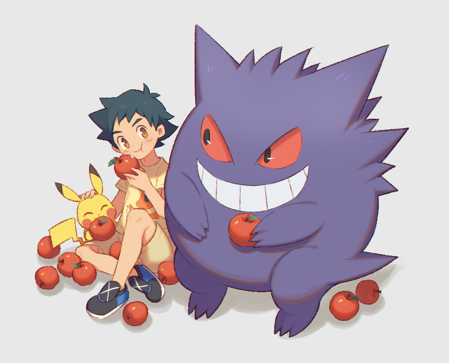 1boy :t apple ash_ketchum black_footwear black_hair brown_eyes character_print charmander closed_mouth commentary_request eating food fruit gen_1_pokemon gengar grin headpat male_focus nintendo pikachu pokemon pokemon_(anime) pokemon_(creature) pokemon_journeys shirt shoes short_hair short_sleeves shorts sitting smile t-shirt teeth white_background wusagi2 yellow_shirt yellow_shorts