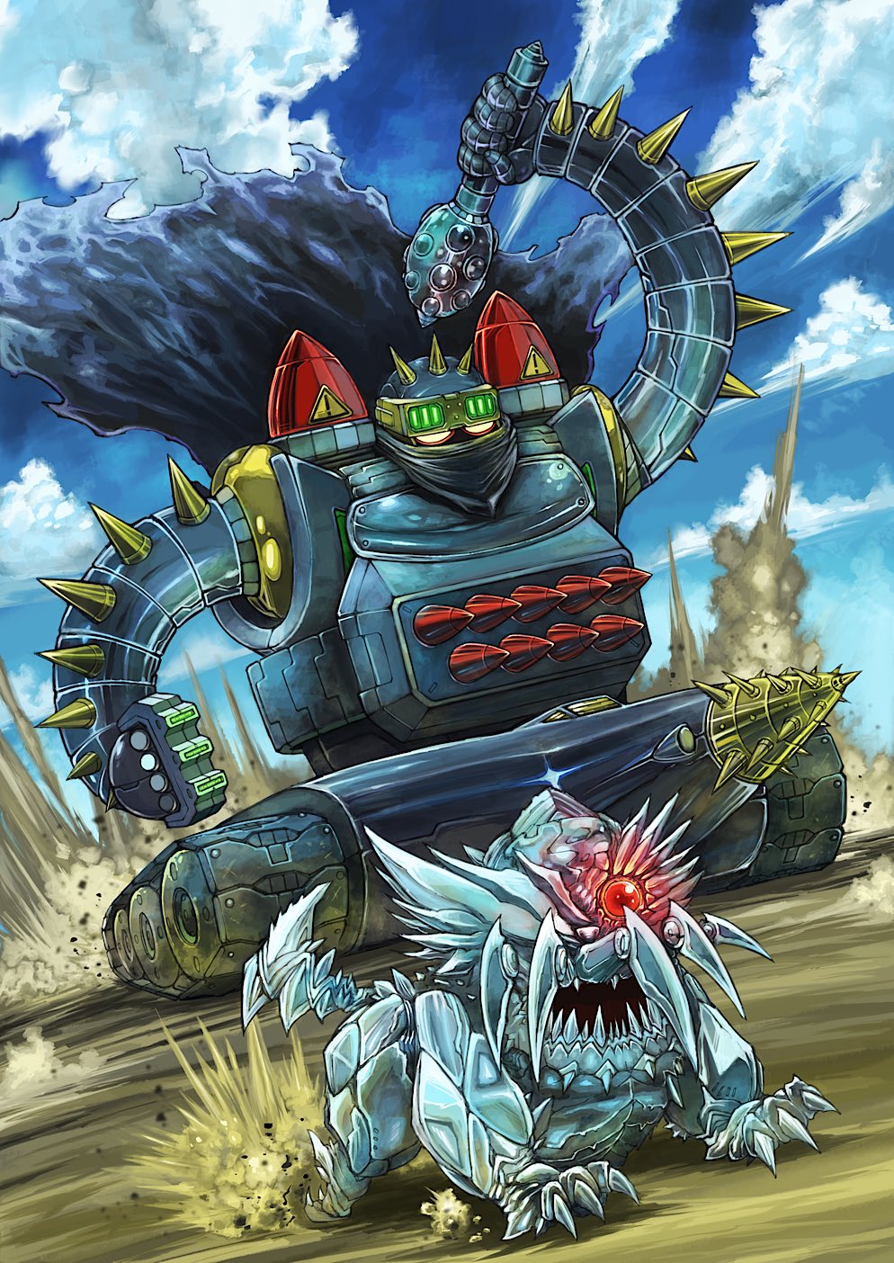 armor axe black_armor black_getter cape drill gattai getter-3 getter_robo highres holding holding_axe holding_weapon mecha mecha_focus no_humans robot science_fiction shin_getter_robo spikes super_robot tomahawk weapon yamanushi yellow_eyes