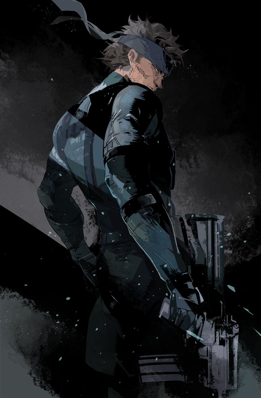 1boy assault_rifle back bandana belt carbine cofffee facial_hair gloves gun highres holding holding_gun holding_weapon jacket m4_carbine male_focus metal_gear_(series) metal_gear_solid military military_jacket military_uniform rifle serious short-barreled_rifle short_hair solid_snake solo weapon