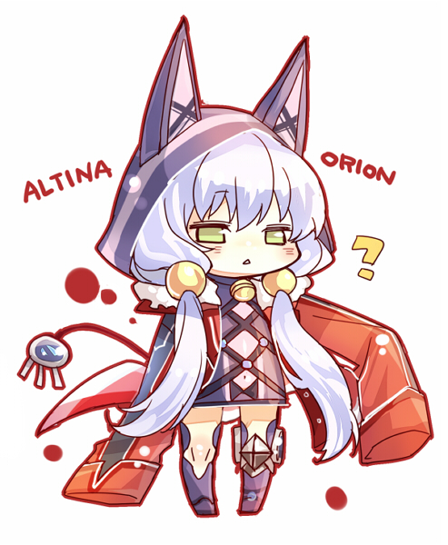 1girl ? achan_(blue_semi) altina_orion animal_ear_hood animal_hood bell chibi coat eiyuu_densetsu english_text fake_animal_ears full_body green_eyes hair_between_eyes hood jingle_bell long_hair navel neck_bell rabbit_hood sen_no_kiseki sen_no_kiseki_(series) sen_no_kiseki_ii solo twintails white_hair