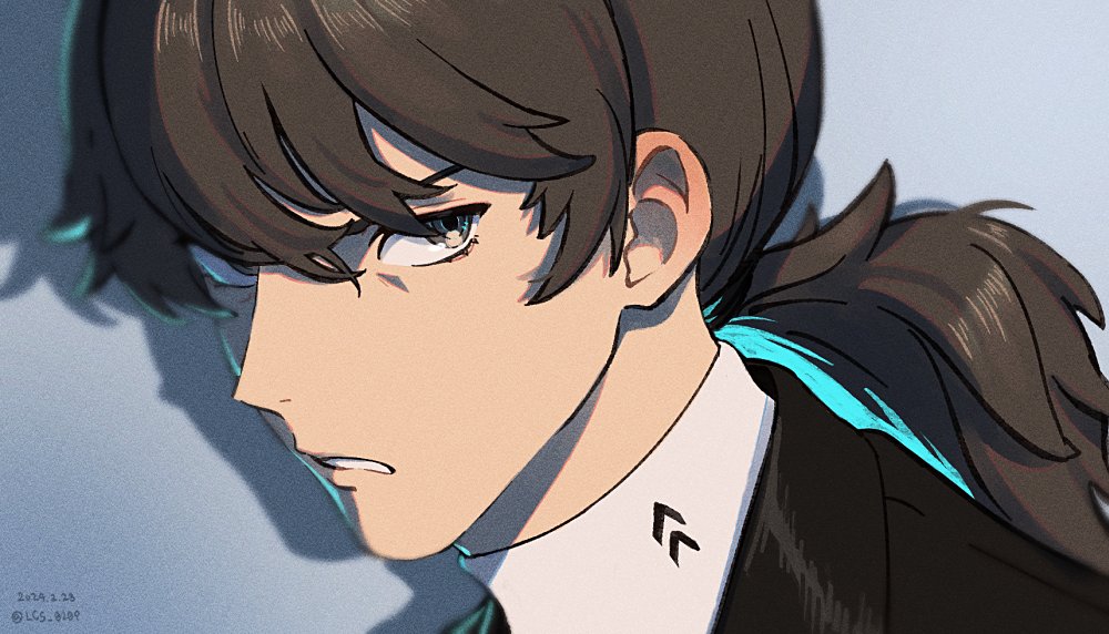 1boy aragaki_shinjirou black_jacket brown_hair commentary_request dated gradient_background grey_background hair_between_eyes jacket korean_commentary lcs_0209 long_hair looking_at_viewer low_ponytail male_focus parted_lips persona persona_3 persona_3_reload persona_5 ponytail portrait school_uniform serious shirt shuujin_academy_school_uniform solo turtleneck turtleneck_shirt twitter_username upper_body white_shirt