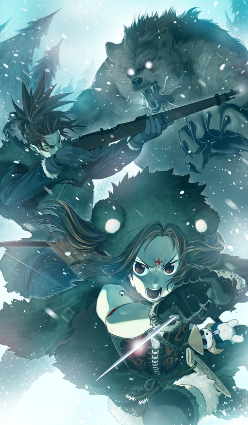 1boy 1girl animal aqua_theme bare_arms bear bear_hat black_boots black_gloves bolt_action boots brown_hair brown_hat cape clothing_request commentary corset dagger dynamic_pose facial_mark fate/grand_order fate_(series) fir_tree forehead_mark fur-trimmed_gloves fur-trimmed_jacket fur_cape fur_trim gloves glowing glowing_eyes gun hat holding holding_gun holding_weapon jacket knife li_shuwen_(fate) li_shuwen_(frozen_war-bear)_(fate) li_shuwen_(young)_(fate) long_hair long_sleeves looking_at_viewer muted_color nezha_(fate) nezha_(frozen_war-bear)_(fate) official_art open_mouth outdoors panda ponytail rearing red_corset red_eyes red_hair reverse_grip rifle sheath sidelocks snowing suzuki_jirou teeth third-party_source tree two-handed v-shaped_eyebrows weapon weapon_request