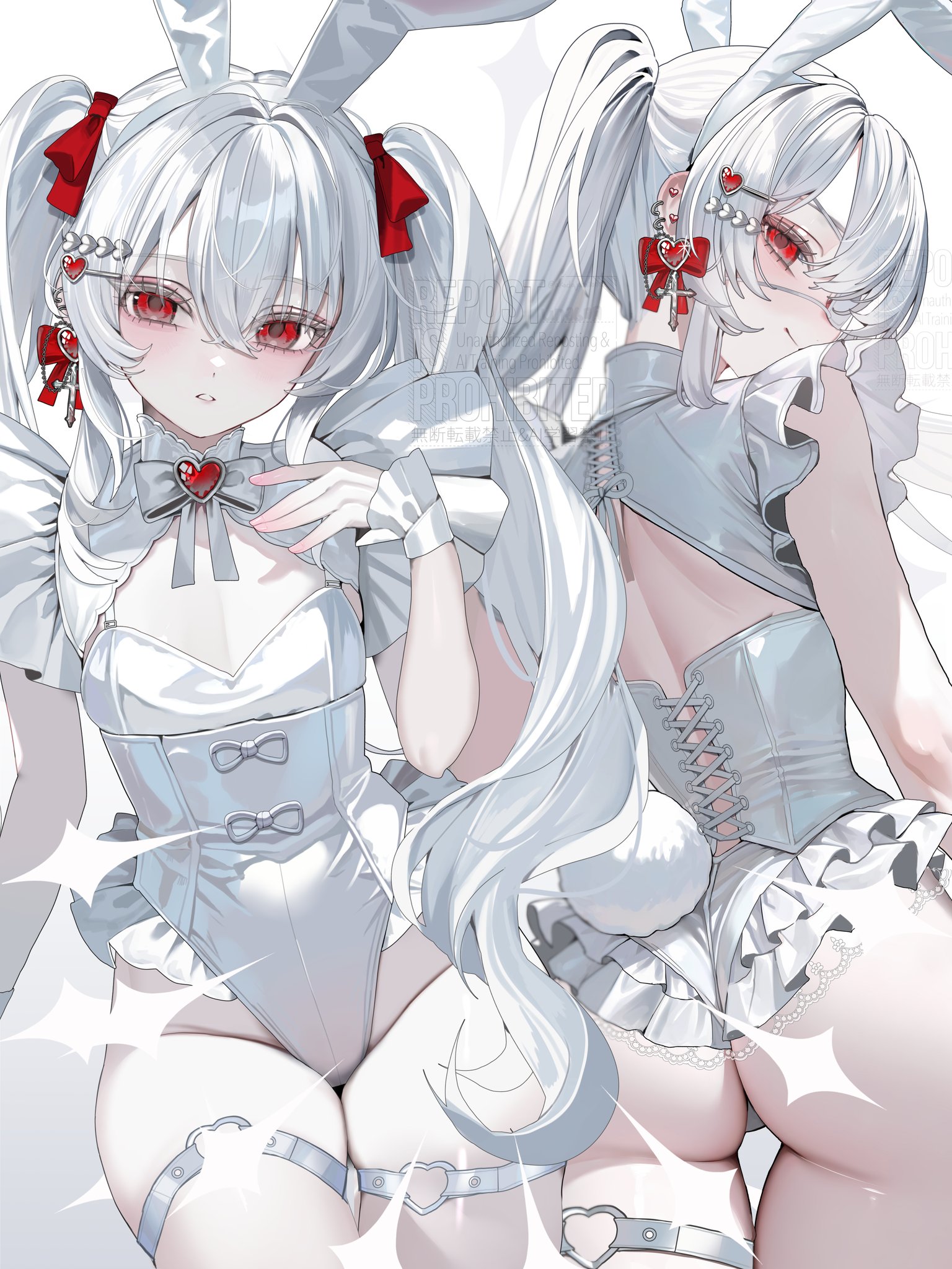 1girl akadajohnson02 animal_ear_hairband animal_ears ass back_cutout bare_legs blush bow breasts cleavage clothing_cutout commentary_request cowboy_shot criss-cross_back-straps cross cross_earrings double-parted_bangs ear_piercing earrings eyepatch fake_animal_ears fake_tail flat_chest floating_hair frilled_leotard frills from_behind hair_between_eyes hair_ornament hairband hairclip hand_on_own_chest heart heart_hair_ornament heart_o-ring highleg highleg_leotard highres jewelry leotard light_blush long_hair looking_at_viewer medical_eyepatch multiple_views o-ring o-ring_thigh_strap original piercing pink_nails rabbit_ear_hairband rabbit_ears rabbit_tail red_eyes ribbon_earrings short_sleeves sidelocks sitting smile tail thigh_gap thigh_strap twintails very_long_hair watermark white_bow white_hair white_leotard white_theme white_wrist_cuffs wrist_cuffs