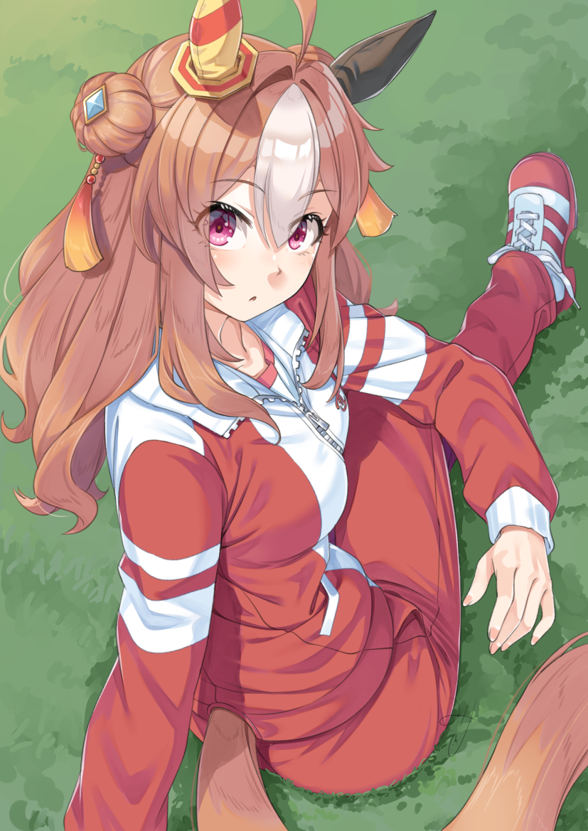 1girl ahoge animal_ears brown_hair clothing_cutout commentary_request copano_rickey_(umamusume) day double_bun hair_bun hair_intakes horse_ears horse_girl horse_tail jacket looking_at_viewer looking_back miri_(ago550421) multicolored_hair on_grass outdoors pants parted_lips red_jacket red_pants red_shoes shirt shoes sitting solo tail tail_through_clothes track_jacket track_pants track_suit two-tone_hair umamusume white_hair white_shirt