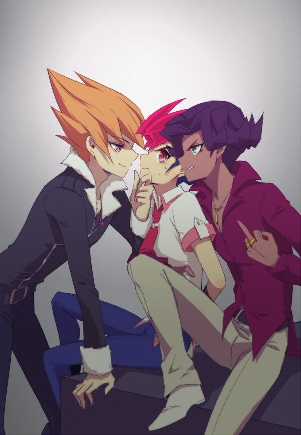 3boys arito_(yu-gi-oh!) arm_behind_back behind_another black_hair black_jacket blue_pants brown_shoes colored_bangs dark-skinned_male dark_skin dress_shirt facing_another fur-trimmed_jacket fur-trimmed_sleeves fur_trim gold_ring green_eyes hair_slicked_back hand_on_another&#039;s_chin hand_on_another&#039;s_stomach hand_on_table jacket khaki_pants knee_up knees_up leaning_forward leaning_on_person liusang looking_at_another male_focus middle_finger multiple_boys necktie on_table orange_hair pants parted_bangs purple_eyes red_eyes red_necktie red_shirt school_uniform shirt shoes sitting spiked_hair sweatdrop table tsukumo_yuma untucked_shirt vector_(yu-gi-oh!) white_background white_shirt yu-gi-oh! yu-gi-oh!_zexal