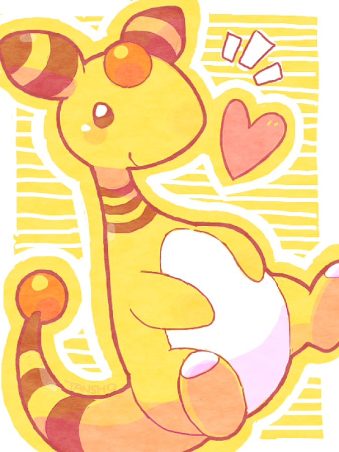 ampharos black_eyes blush forehead_jewel gen_2_pokemon heart multicolored_fur nintendo pokemon pokemon_(creature) signature sitting smile solo tansho