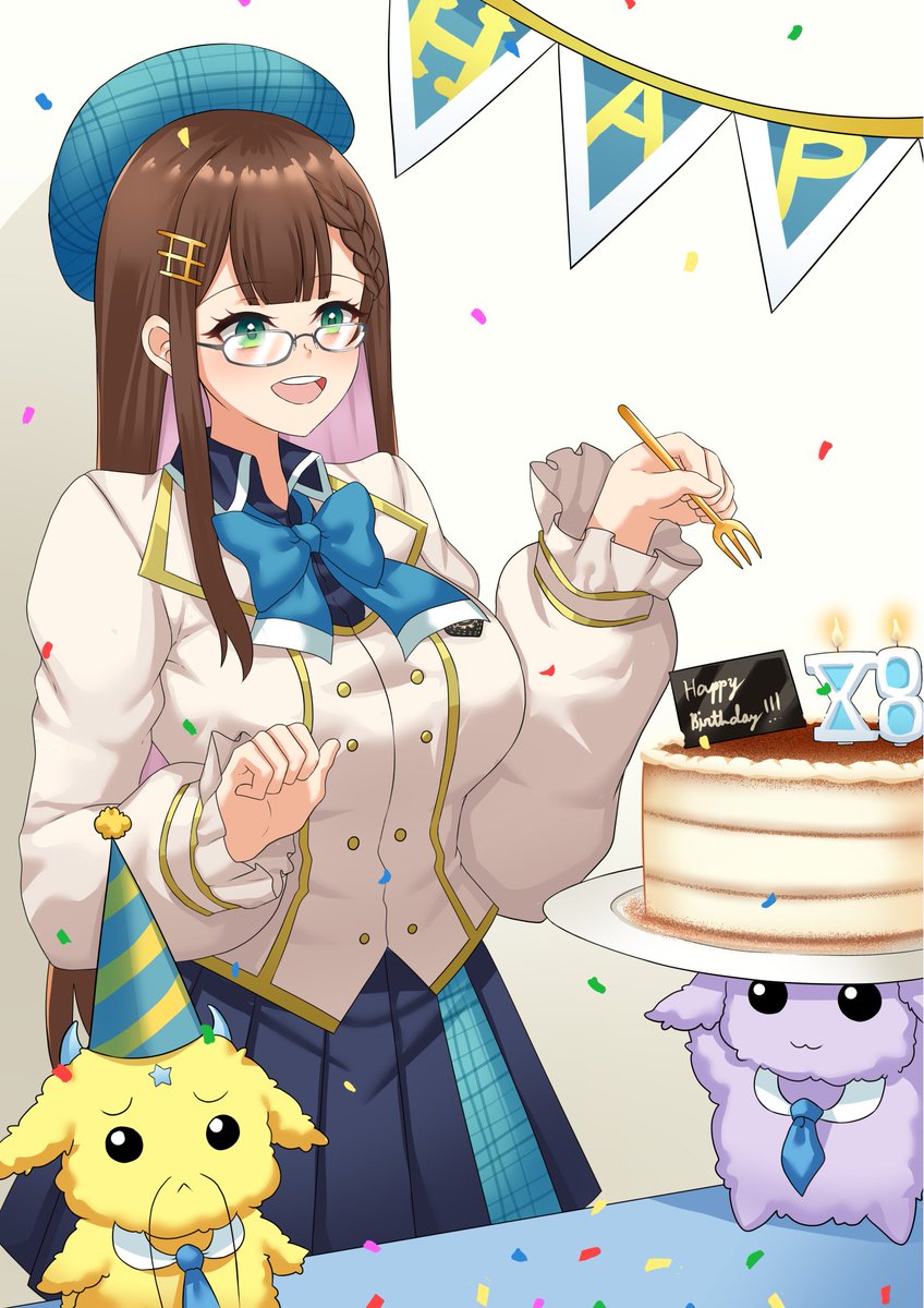 1girl :3 :d beret blazer blue_bow blue_bowtie blue_hat blue_necktie blue_shirt blue_skirt bow bowtie braid breasts brown_hair cake candle collar collared_shirt colored_inner_hair commentary confetti food fork glasses green_eyes grey-framed_eyewear hair_ornament happy_birthday hat highres holding holding_fork jacket large_breasts long_hair long_sleeves manon_merope multicolored_hair necktie nexas_(vtuber) open_mouth party_hat plaid_hat plate puffywaffles purple_hair shirt sidelocks skirt smile solo star_(symbol) teeth tongue two-tone_hair upper_teeth_only very_long_hair virtual_youtuber white_collar white_jacket