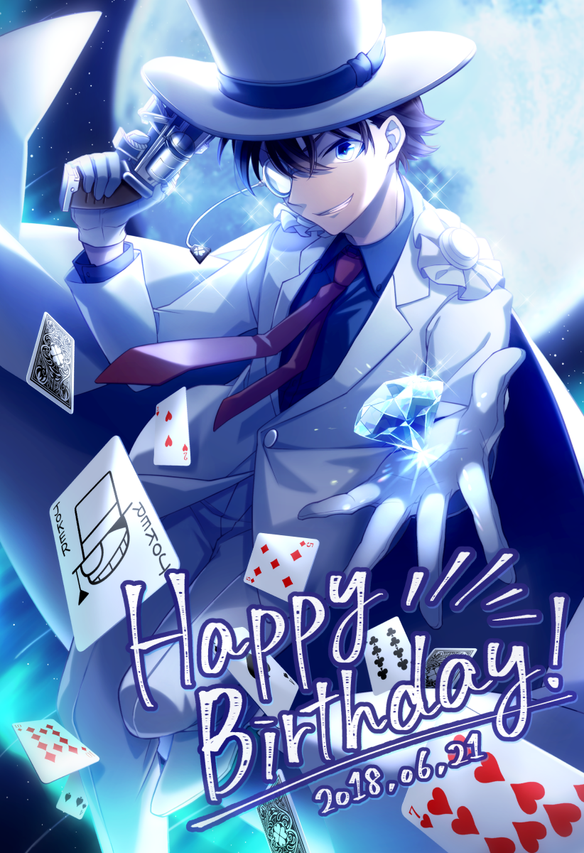 1boy 51olo ace_(playing_card) ace_of_spades bad_id bad_pixiv_id blue_eyes blue_shirt brown_hair cape card club_(shape) commentary_request dated diamond_(shape) dress_shirt eight_of_clubs english_text five_of_diamonds floating_card formal_clothes four_of_spades full_moon gem glint gloves grin gun hair_between_eyes hand_up handgun happy_birthday hat heart highres holding holding_gun holding_weapon jacket joker_(playing_card) kaitou_kid long_sleeves looking_at_viewer magic_kaito male_focus meitantei_conan monocle monocle_chain moon necktie night night_sky outstretched_hand pants playing_card red_necktie seven_of_hearts shirt shoes short_hair sky smile solo spade_(shape) star_(sky) starry_sky suit ten_of_diamonds top_hat two_of_hearts weapon white_cape white_gloves white_hat white_jacket white_pants white_shoes white_suit