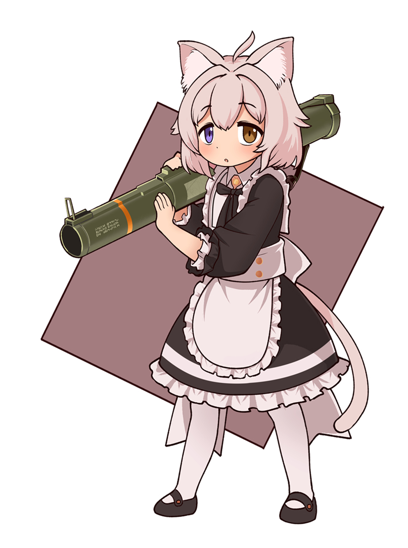 1girl :o ahoge animal_ear_fluff animal_ears apron black_dress black_shoes blue_eyes blush cat_ears cat_girl cat_tail dress full_body heterochromia holding holding_rocket_launcher holding_weapon jacy long_sleeves looking_at_viewer original pantyhose petticoat pink_hair rocket_launcher shoes short_hair solo standing tail waist_apron weapon white_pantyhose yellow_eyes
