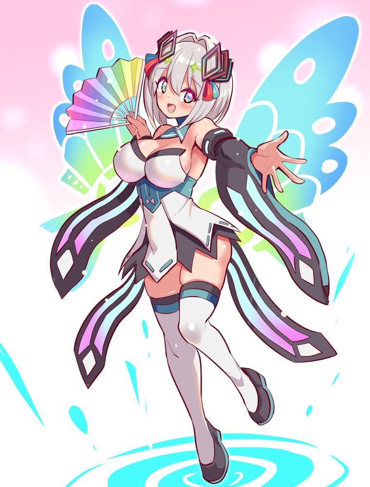 1girl :d ancie azure_striker_gunvolt azure_striker_gunvolt_1 blush breasts card-en-ciel cleavage commission commissioner_upload cosplay cougar_(cougar1404) detached_sleeves dress energy_wings folding_fan full_body grey_hair hair_between_eyes hair_ornament hand_fan holding holding_fan large_breasts leg_up looking_at_viewer lumen_(gunvolt) lumen_(gunvolt)_(cosplay) multicolored_dress multicolored_eyes multicolored_thighhighs no_panties official_alternate_color open_mouth outstretched_arm rainbow_eyes skeb_commission skindentation smile solo standing strapless strapless_dress thighhighs wings