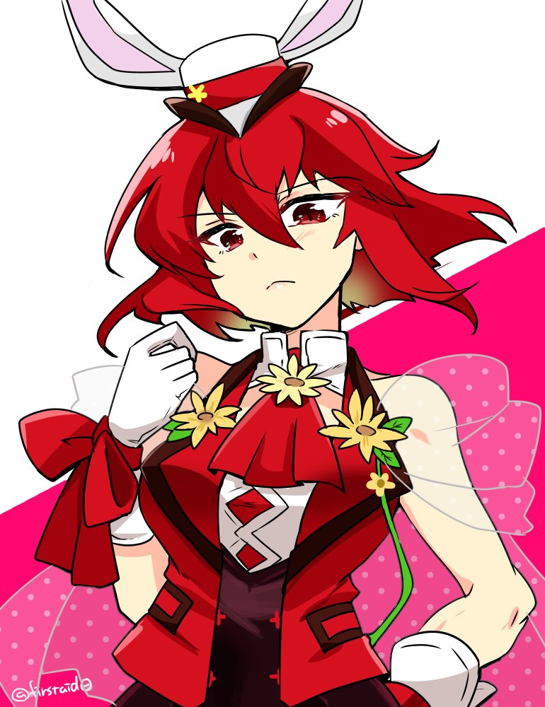 1girl breasts clenched_hand female_focus fire_emblem fire_emblem:_mystery_of_the_emblem fire_emblem:_shadow_dragon fire_emblem_heroes flower gloves hair_between_eyes hat looking_at_viewer matching_hair/eyes minerva_(fire_emblem) minerva_(spring)_(fire_emblem) mini_hat nintendo official_alternate_costume red_eyes red_hair ribbon see-through_clothes short_hair sleeveless solo white_gloves yukia_(firstaid0)