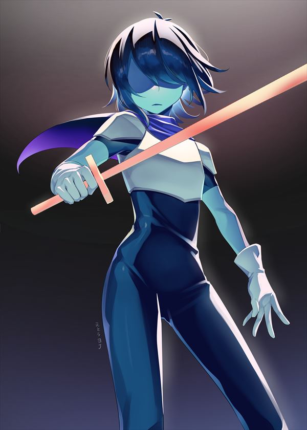 1other armor black_bodysuit blue_hair blue_skin bodysuit breastplate cape closed_mouth colored_skin deltarune gloves gradient_background holding holding_sword holding_weapon hp_nokoketaetouyona kris_(dark_world)_(deltarune) kris_(deltarune) other_focus purple_cape shaded_face short_hair solo standing sword weapon white_gloves