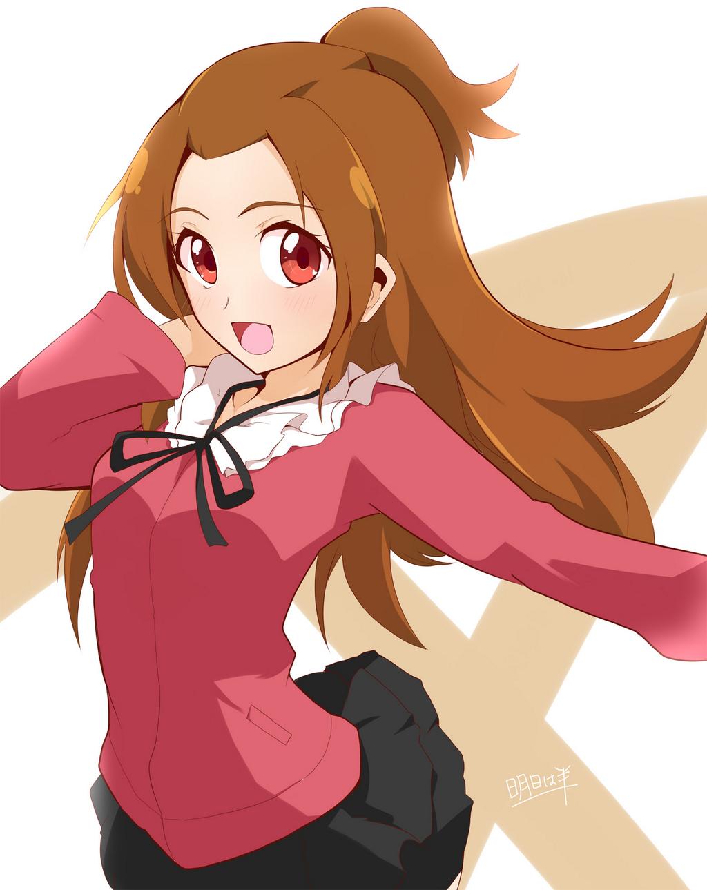 1girl ashita_wa_hitsuji black_skirt blush brown_hair dokidoki!_precure eyelashes female_focus half_updo happy highres long_hair looking_at_viewer madoka_aguri md5_mismatch open_mouth ponytail precure red_eyes red_shirt resized ribbon shirt skirt smile solo standing