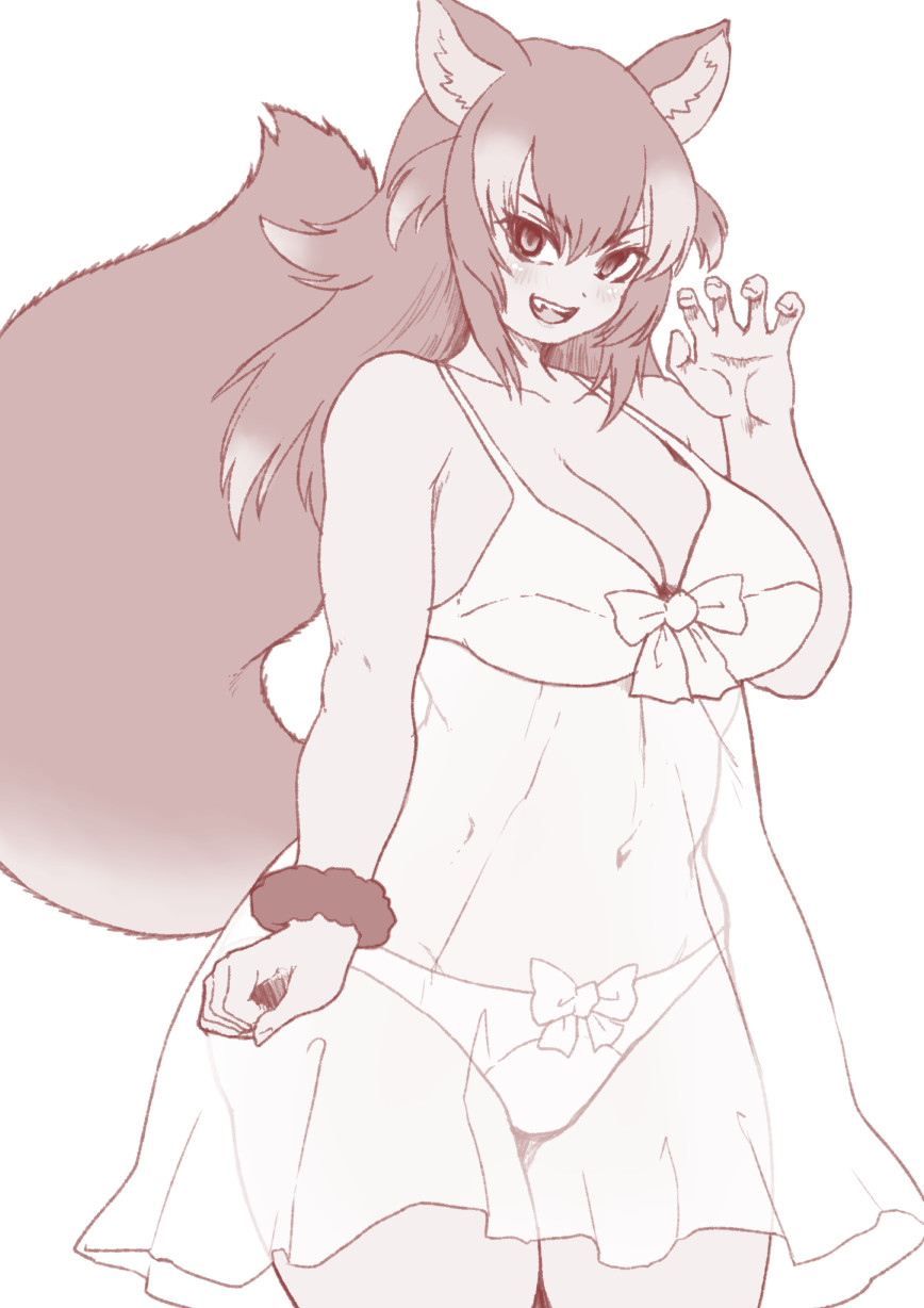 1girl animal_ears blush breasts brown_eyes brown_hair cosplay fang highres isna_(footprintsofisna) japanese_wolf_(kemono_friends) kemono_friends kemono_friends_3 large_breasts lingerie long_hair looking_at_viewer mexico_salamander_(kemono_friends) mexico_salamander_(kemono_friends)_(cosplay) multicolored_hair negligee open_mouth smile solo tail two-tone_hair underwear white_hair white_negligee wolf_ears wolf_girl wolf_tail