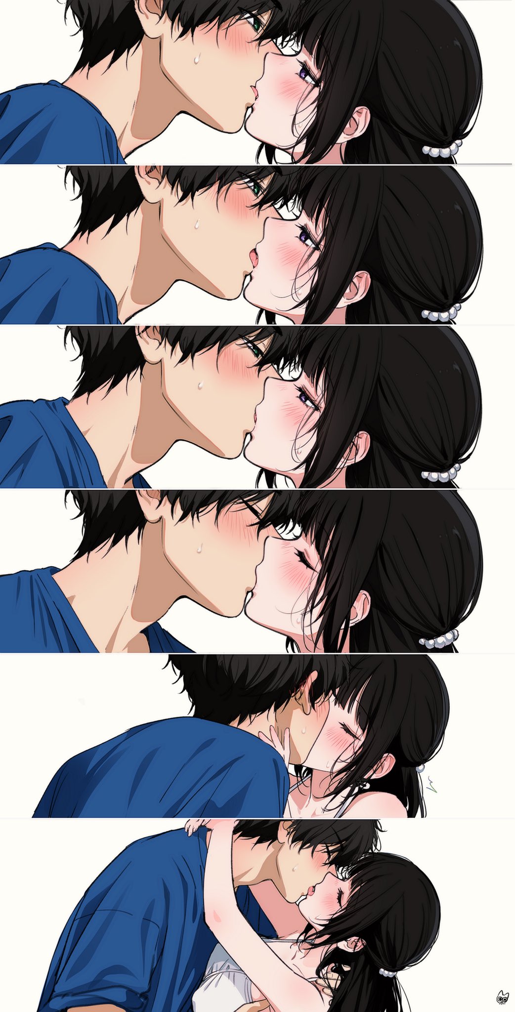 1boy 1girl alternate_costume alternate_hairstyle black_hair blue_skirt blush breasts chitanda_eru closed_eyes dress french_kiss hetero highres hyouka kiss large_breasts long_hair mery_(yangmalgage) open_mouth oreki_houtarou ponytail purple_eyes short_hair skirt sweat tongue tongue_out white_dress